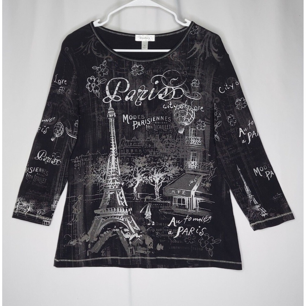 Dressbarn Y2k Vtg Top Womens XL Black White Sequin Graphic 3/4 Paris Grunge